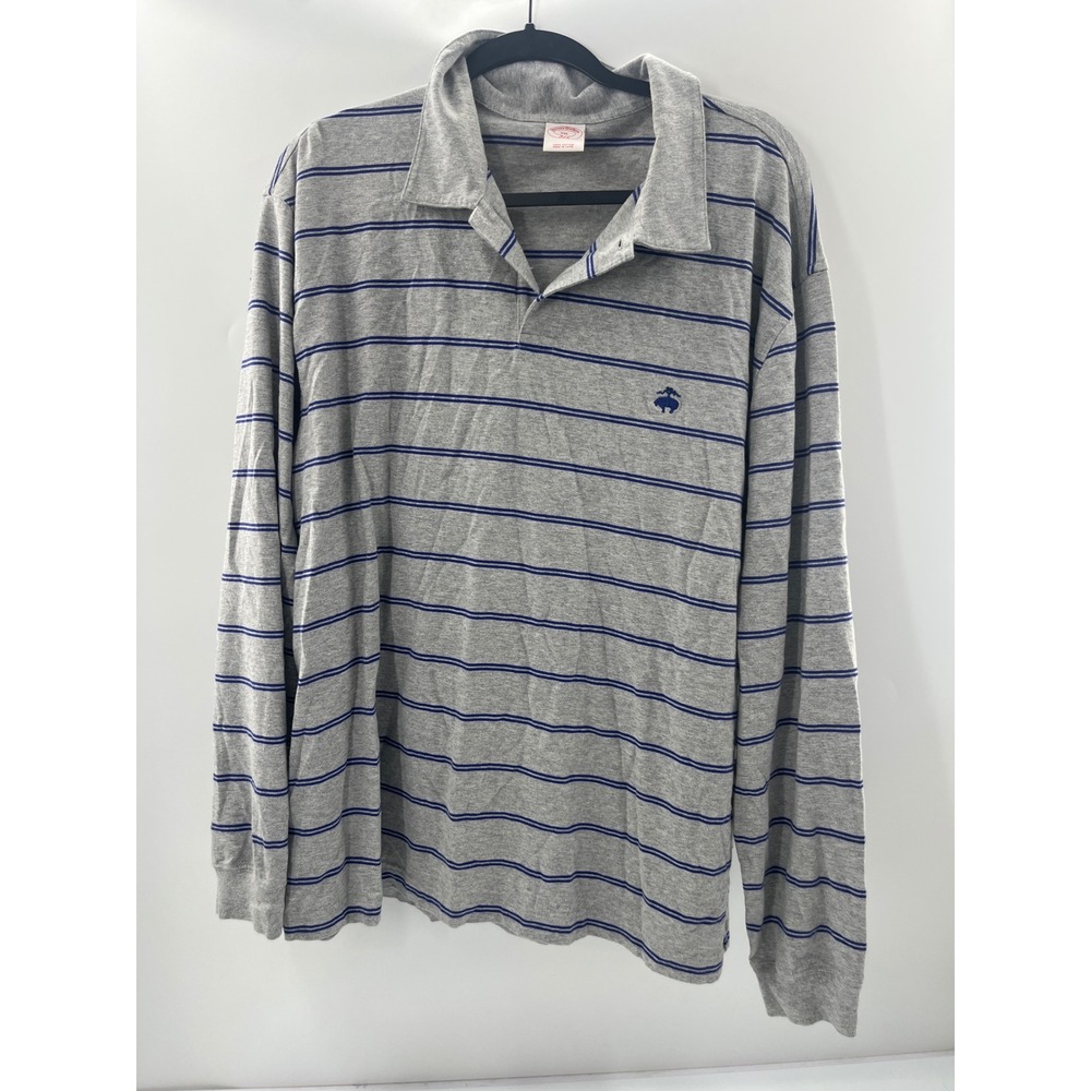 Brooks Brothers 346 Mens XXL Grey Blue Striped Long Sleeve Cotton Polo Shirt